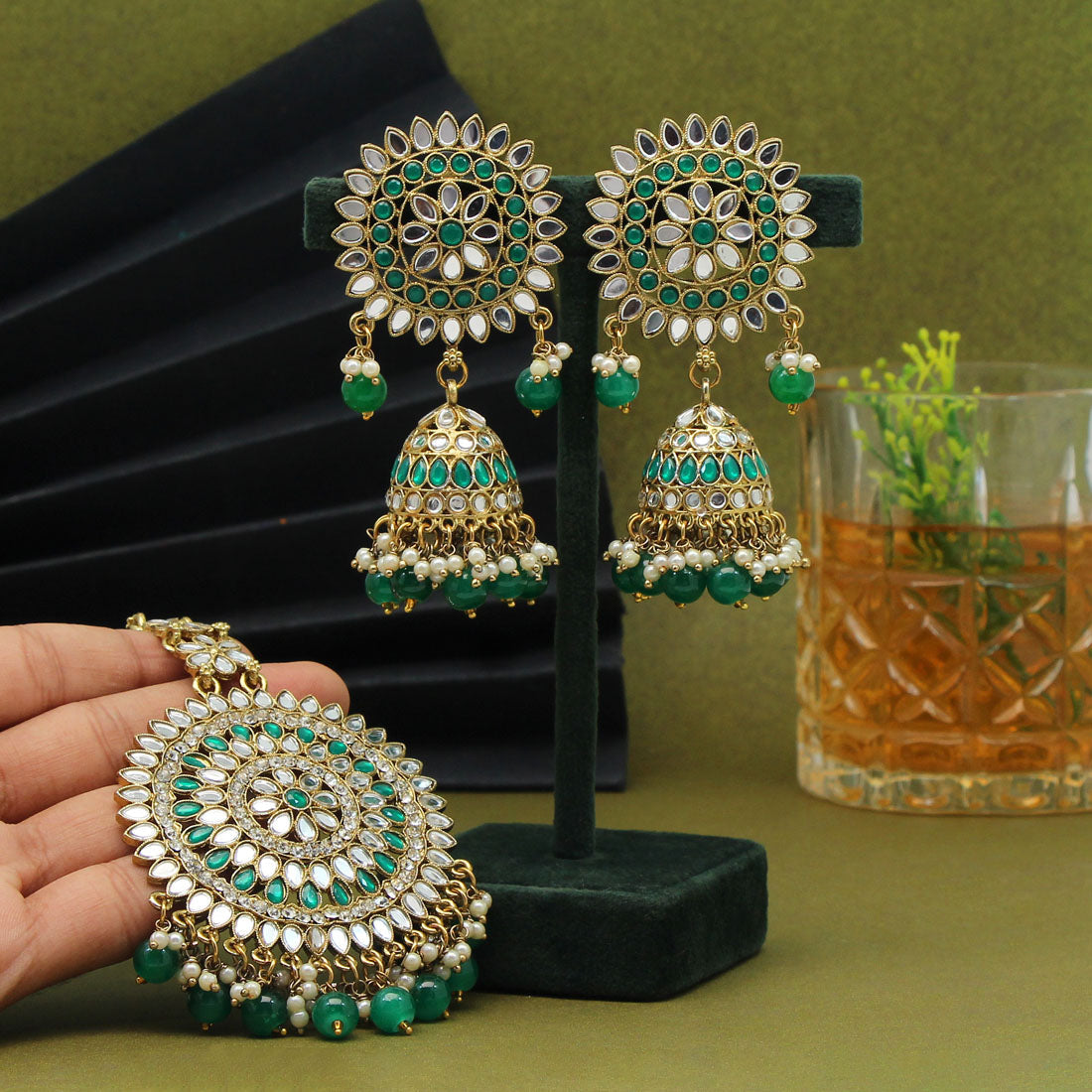 Green Color Mirror Kundan Earrings With Maang Tikka (MTKE460GRN) - preyans.com