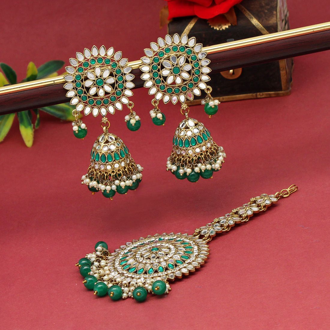 Green Color Mirror Kundan Earrings With Maang Tikka (MTKE460GRN) - preyans.com