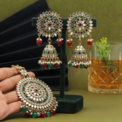 Maroon & Green Color Mirror Kundan Earrings With Maang Tikka (MTKE460MG) - preyans.com