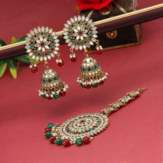 Maroon & Green Color Mirror Kundan Earrings With Maang Tikka (MTKE460MG) - preyans.com