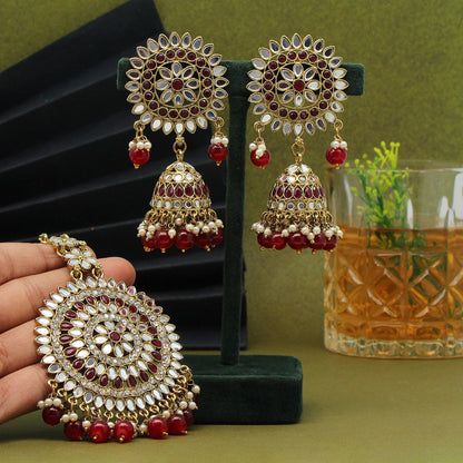 Maroon Color Mirror Kundan Earrings With Maang Tikka (MTKE460MRN) - preyans.com