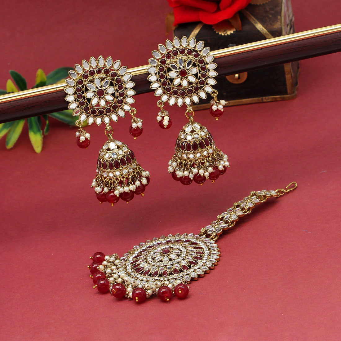 Maroon Color Mirror Kundan Earrings With Maang Tikka (MTKE460MRN) - preyans.com