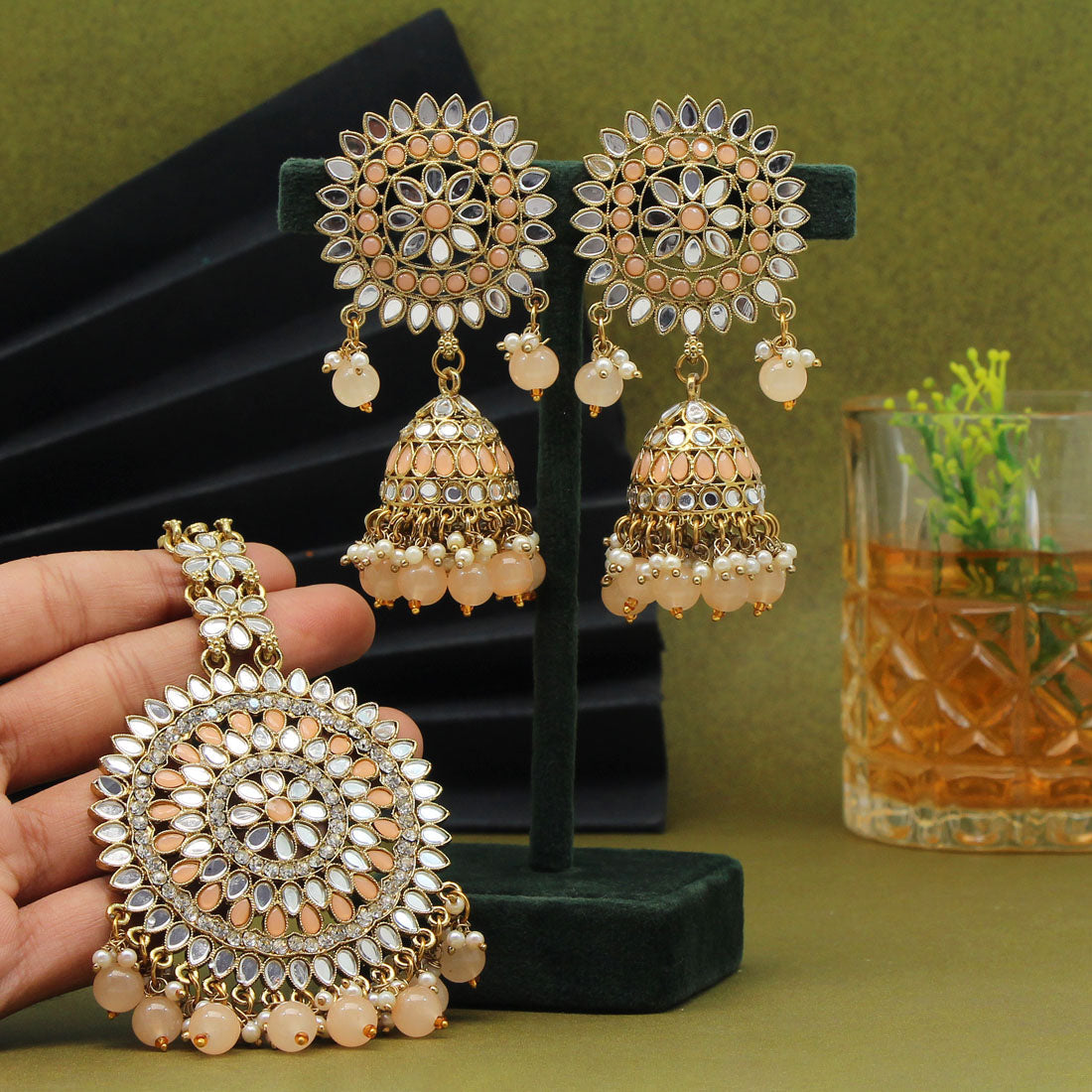 Peach Color Mirror Kundan Earrings With Maang Tikka (MTKE460PCH) - preyans.com