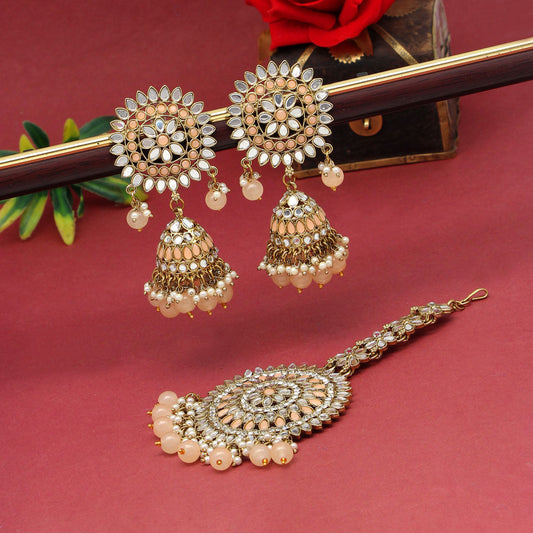 Peach Color Mirror Kundan Earrings With Maang Tikka (MTKE460PCH) - preyans.com