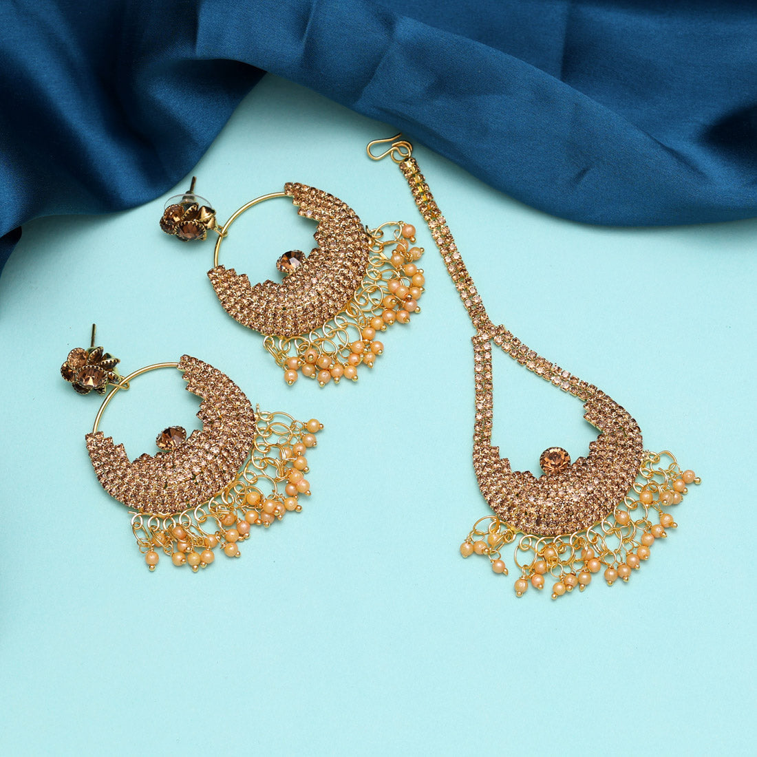 Gold Color Earrings With Maang Tikka (MTKE465GLD) - preyans.com