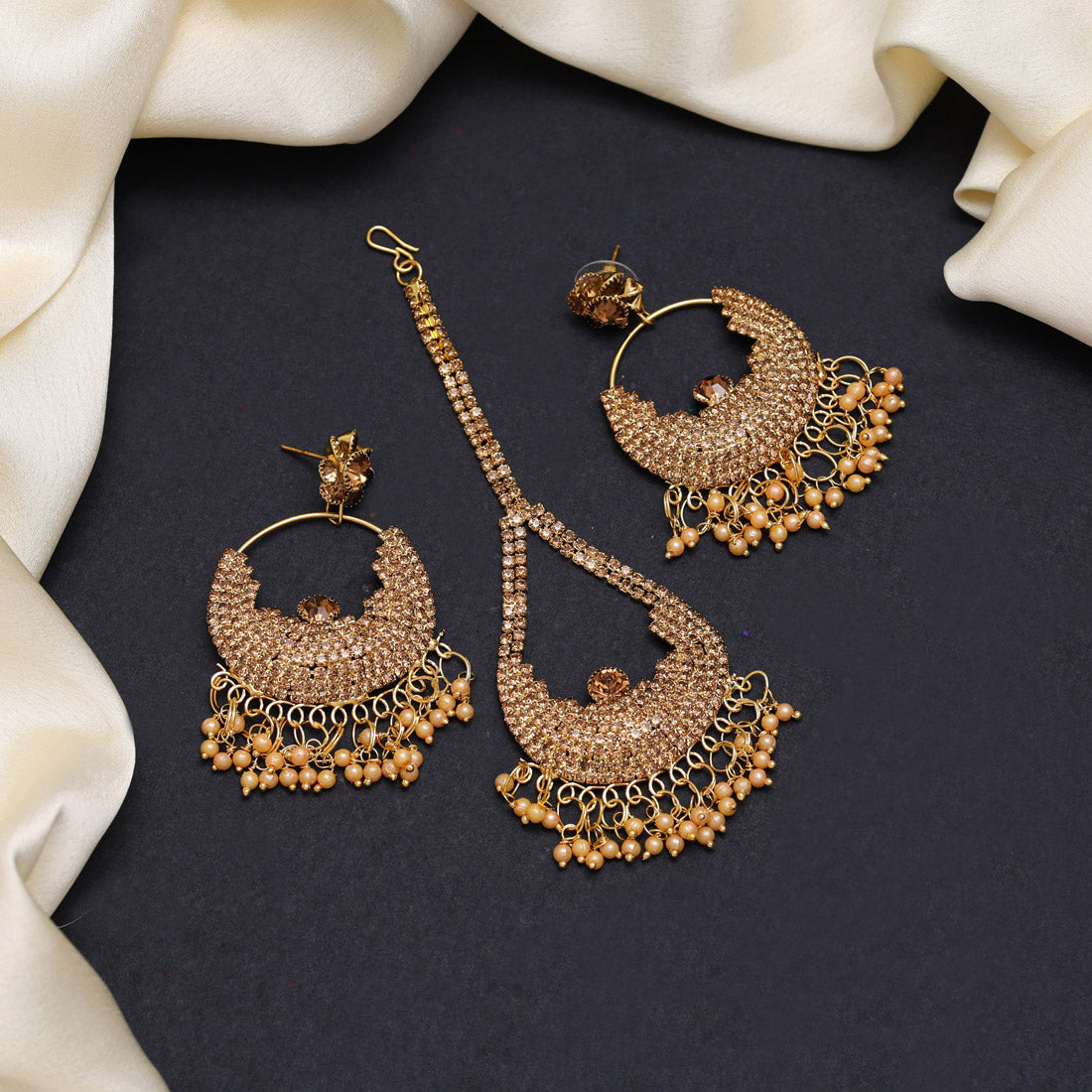 Gold Color Earrings With Maang Tikka (MTKE465GLD) - preyans.com