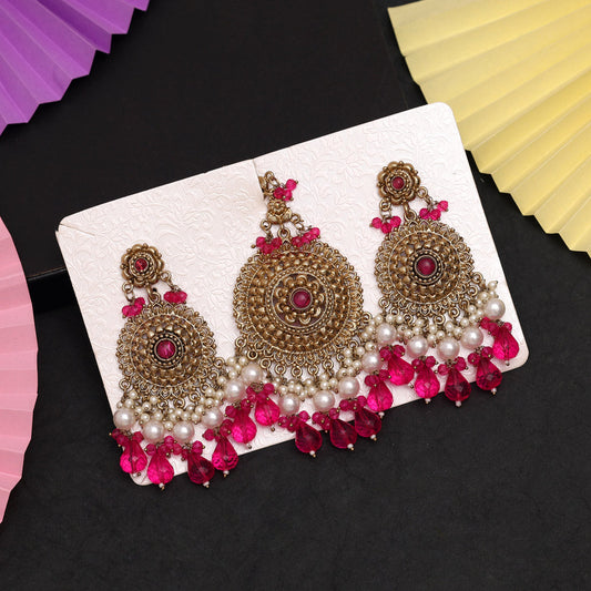 Rani Color Earrings With Maang Tikka (MTKE467RNI) - preyans.com