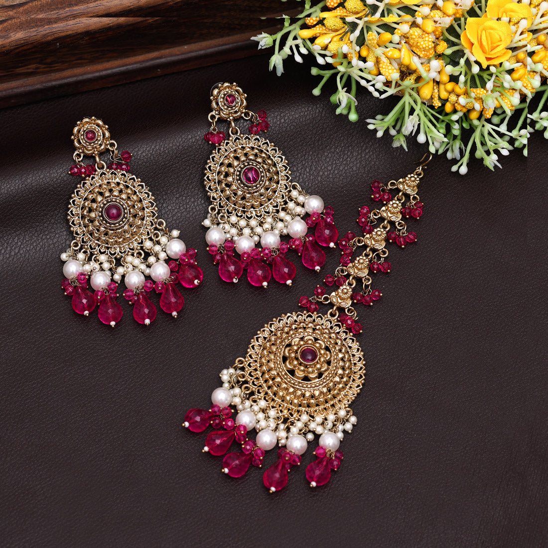 Rani Color Earrings With Maang Tikka (MTKE467RNI) - preyans.com