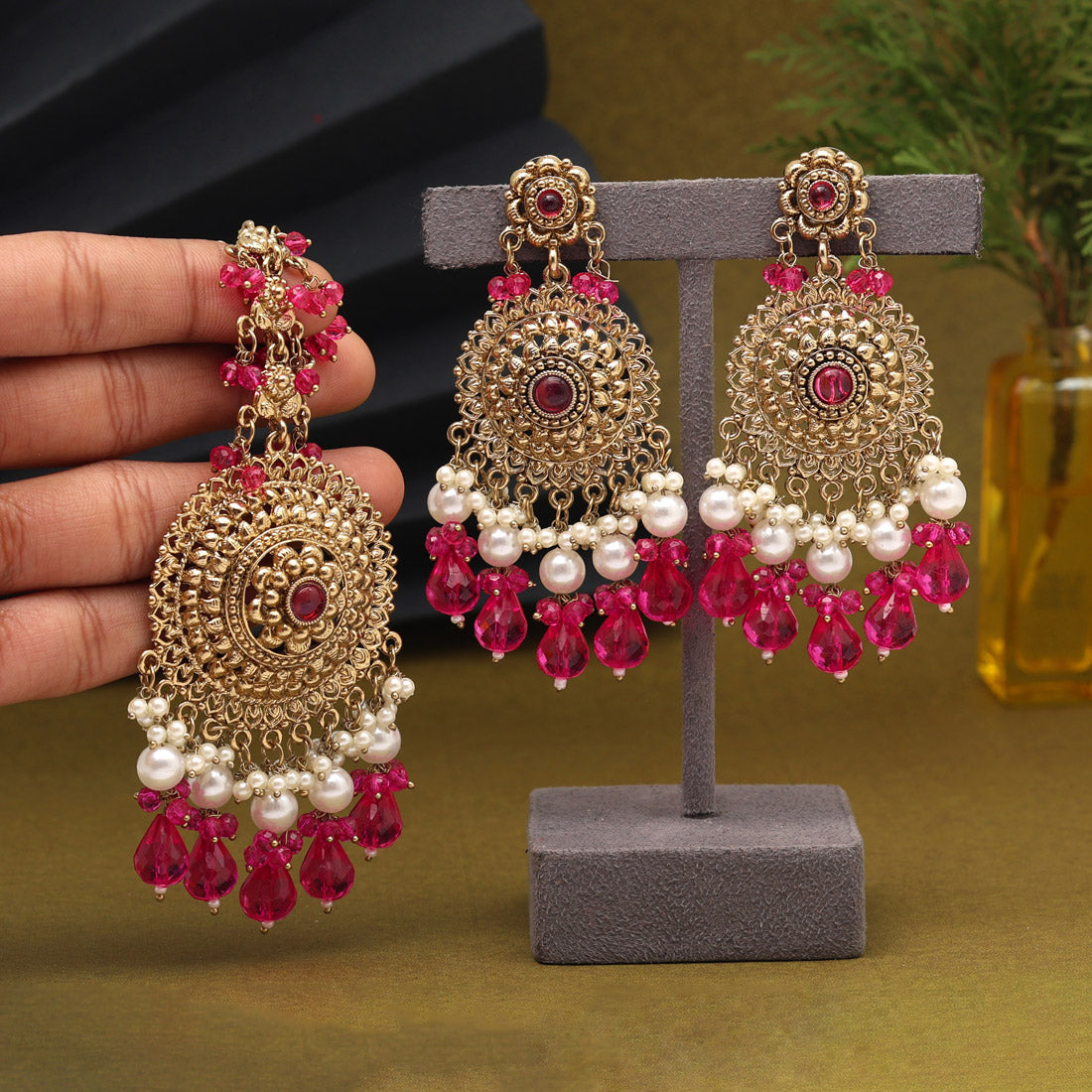 Rani Color Earrings With Maang Tikka (MTKE467RNI) - preyans.com