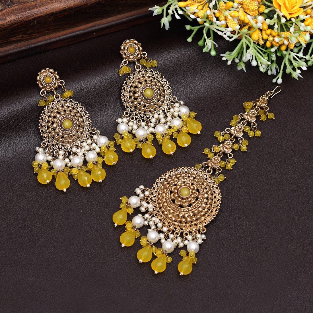 Yellow Color Earrings With Maang Tikka (MTKE467YLW) - preyans.com