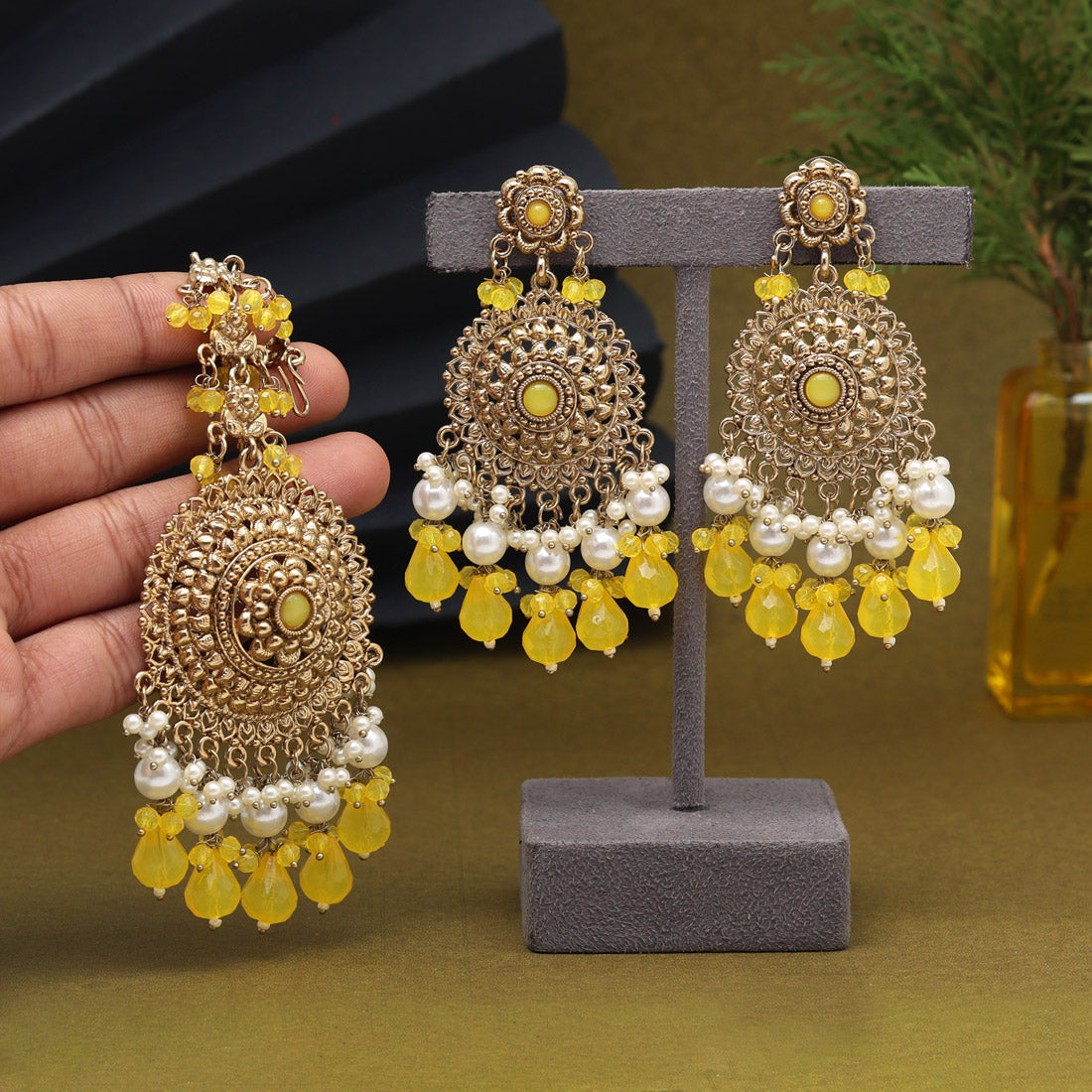 Yellow Color Earrings With Maang Tikka (MTKE467YLW) - preyans.com