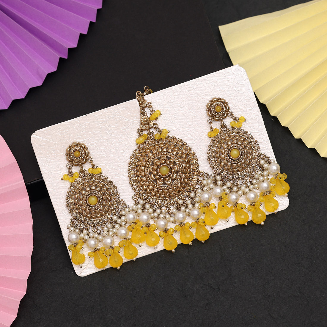 Yellow Color Earrings With Maang Tikka (MTKE467YLW) - preyans.com