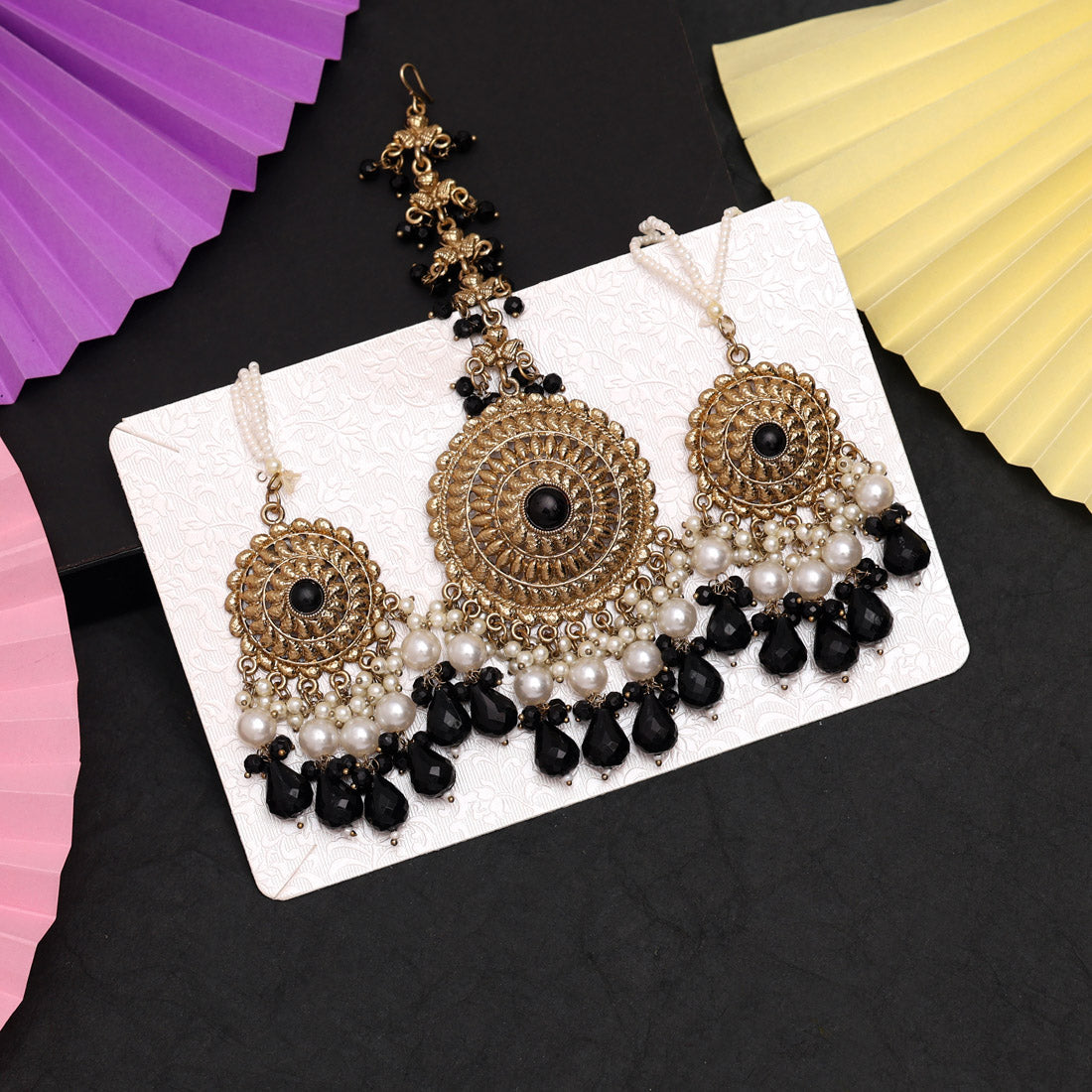 Black Color Earrings With Maang Tikka (MTKE468BLK) - preyans.com