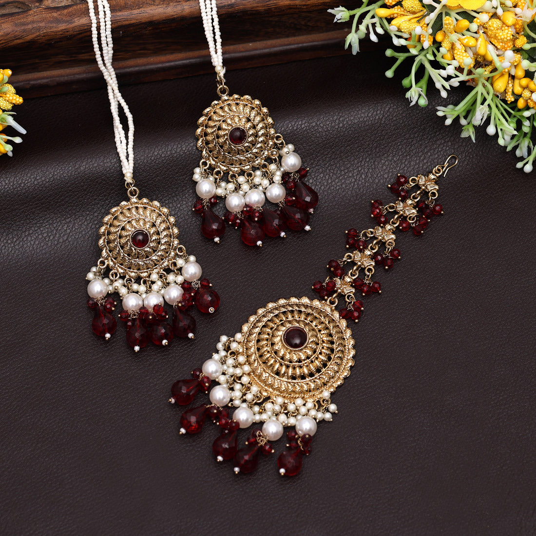 Maroon Color Earrings With Maang Tikka (MTKE468MRN) - preyans.com