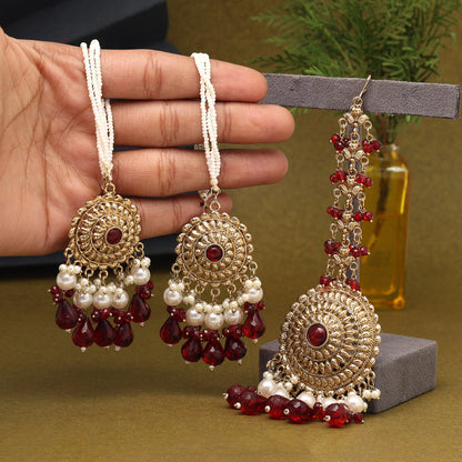 Maroon Color Earrings With Maang Tikka (MTKE468MRN) - preyans.com