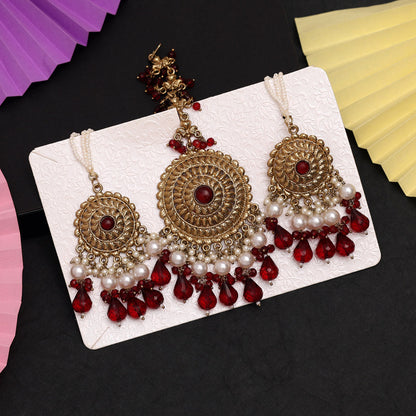 Maroon Color Earrings With Maang Tikka (MTKE468MRN) - preyans.com