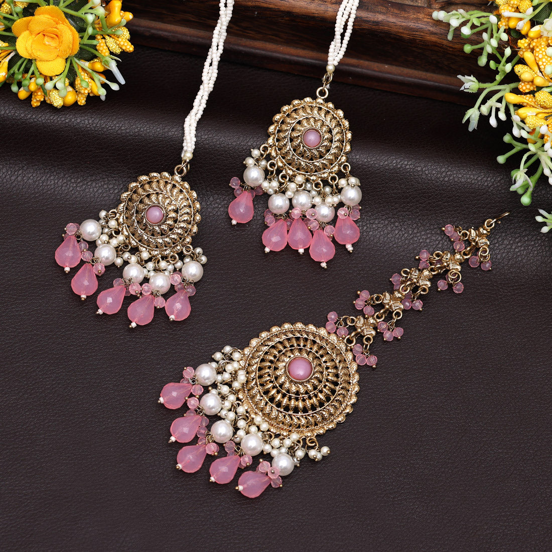 Pink Color Earrings With Maang Tikka (MTKE468PNK) - preyans.com