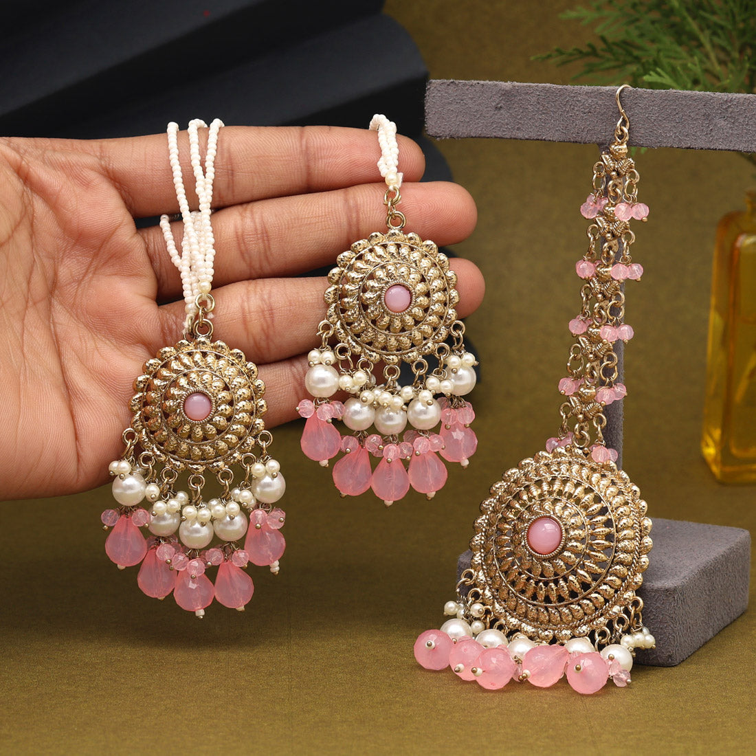 Pink Color Earrings With Maang Tikka (MTKE468PNK) - preyans.com