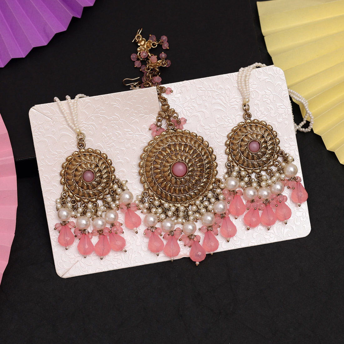 Pink Color Earrings With Maang Tikka (MTKE468PNK) - preyans.com