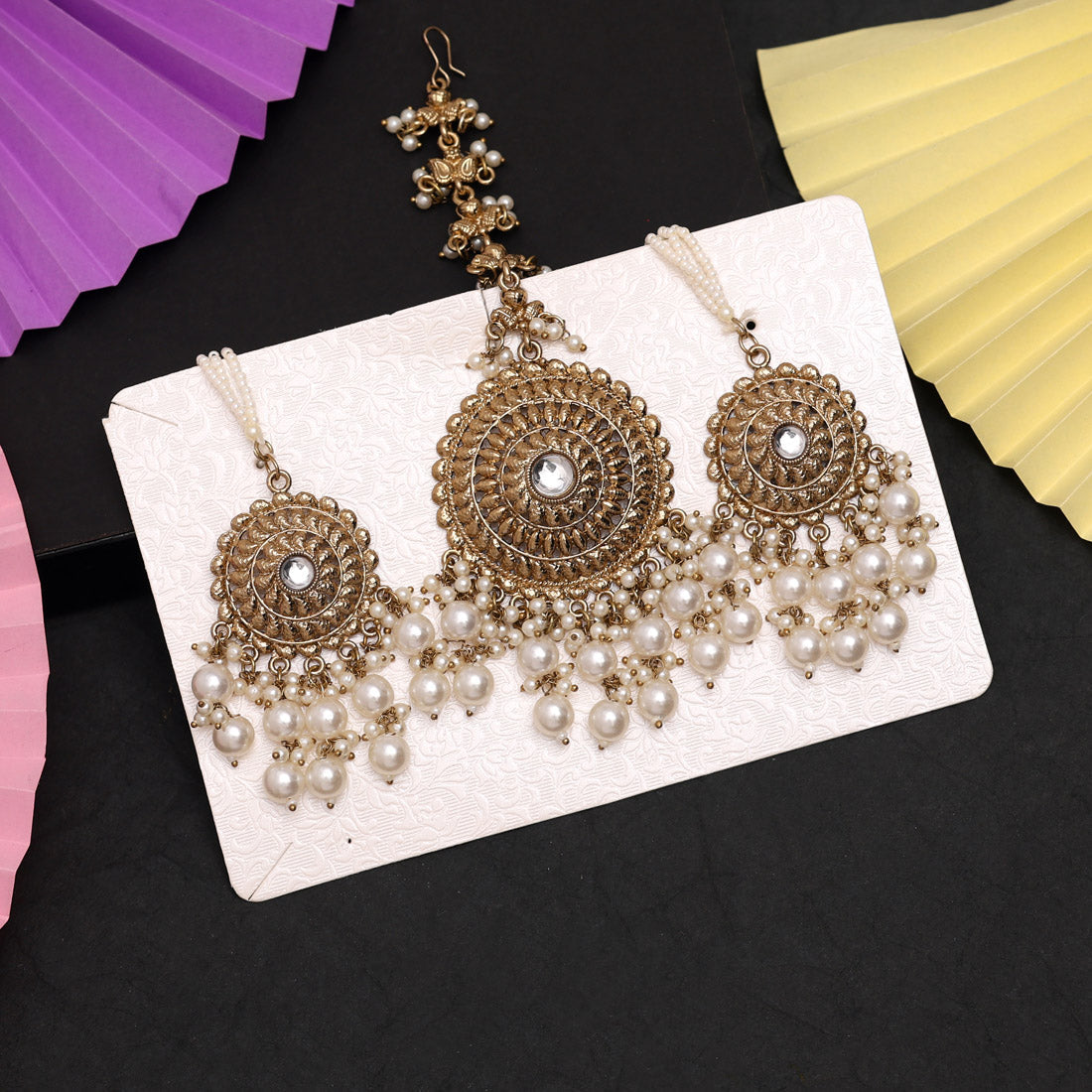 White Color Earrings With Maang Tikka (MTKE468WHT) - preyans.com