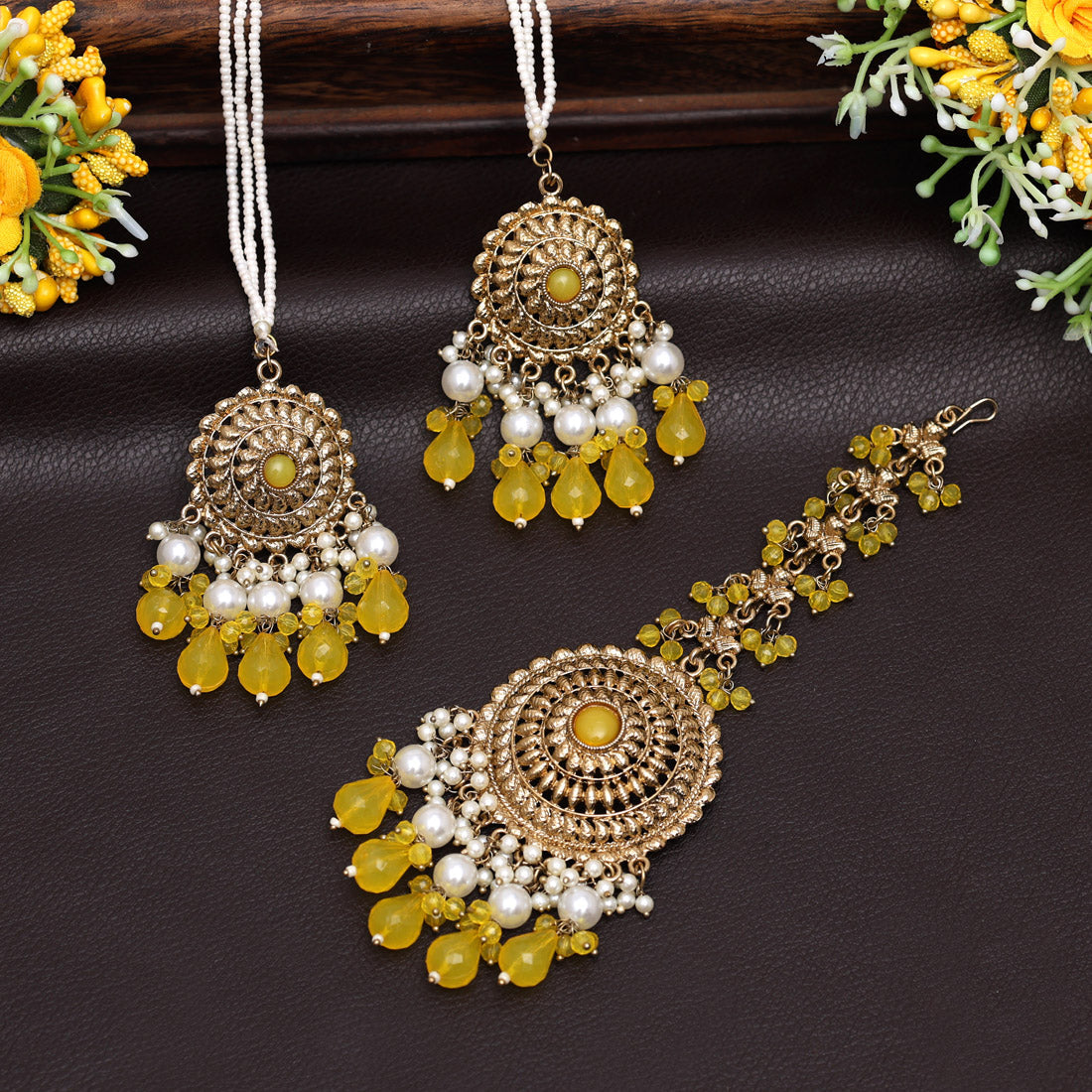 Yellow Color Earrings With Maang Tikka (MTKE468YLW) - preyans.com