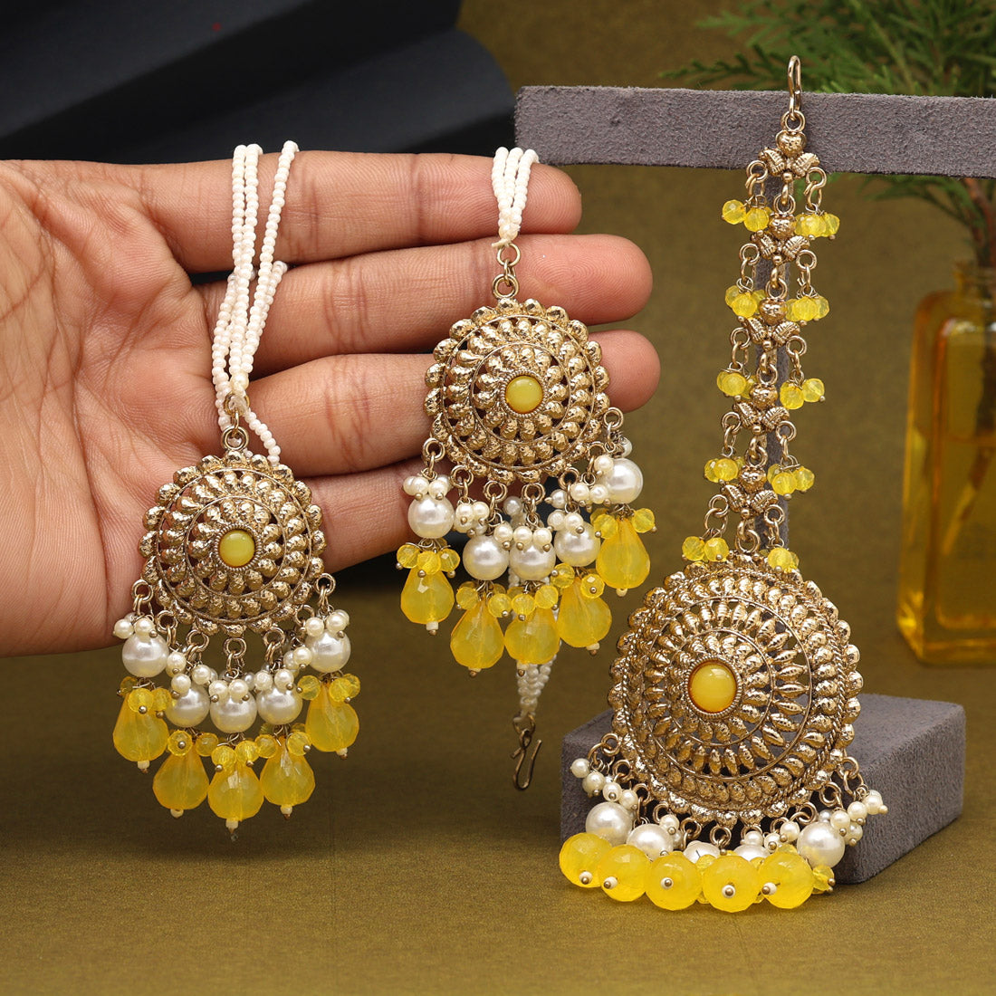 Yellow Color Earrings With Maang Tikka (MTKE468YLW) - preyans.com