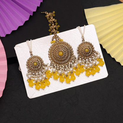 Yellow Color Earrings With Maang Tikka (MTKE468YLW) - preyans.com