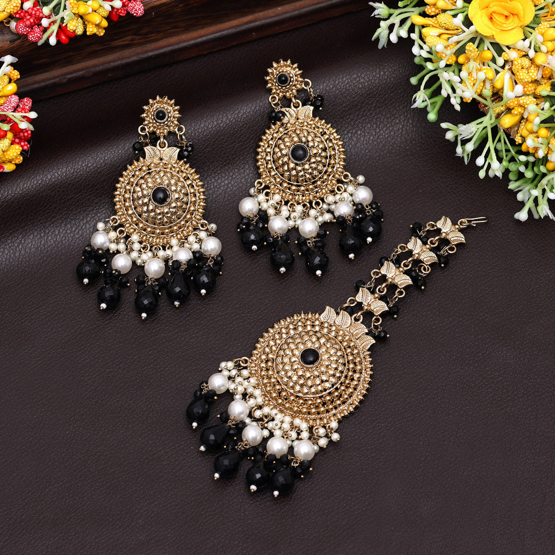 Black Color Earrings With Maang Tikka (MTKE469BLK) - preyans.com