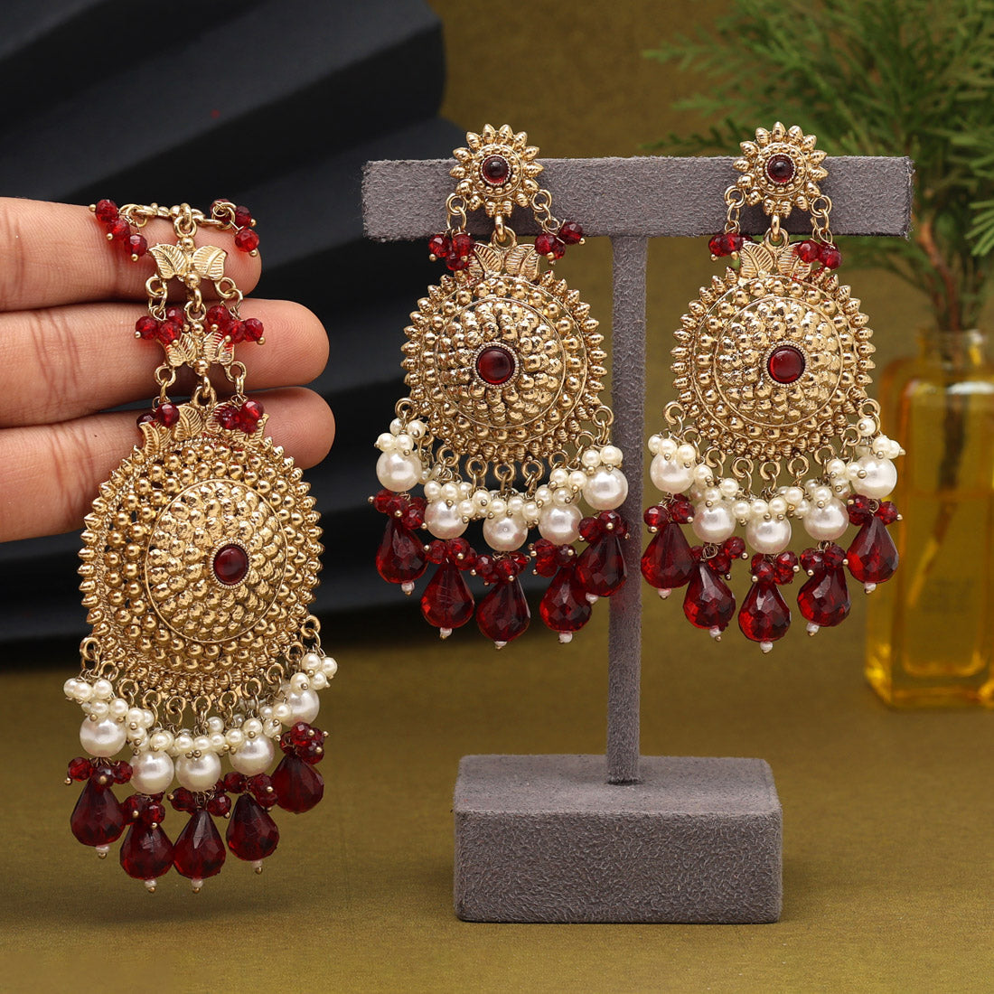 Maroon Color Earrings With Maang Tikka (MTKE469MRN) - preyans.com