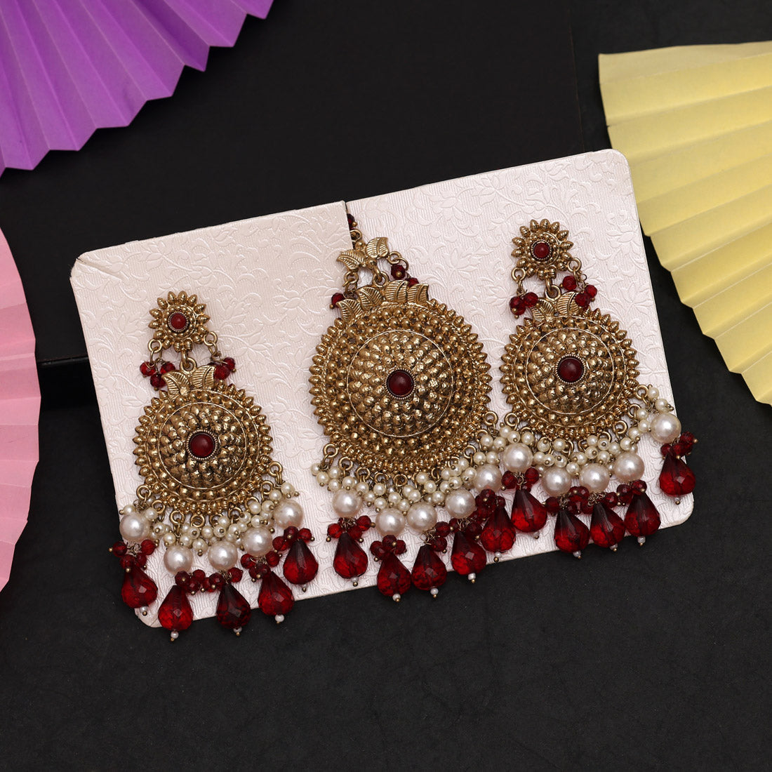 Maroon Color Earrings With Maang Tikka (MTKE469MRN) - preyans.com