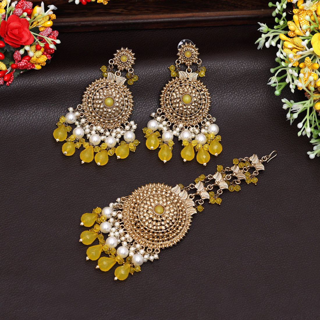 Yellow Color Earrings With Maang Tikka (MTKE469YLW) - preyans.com