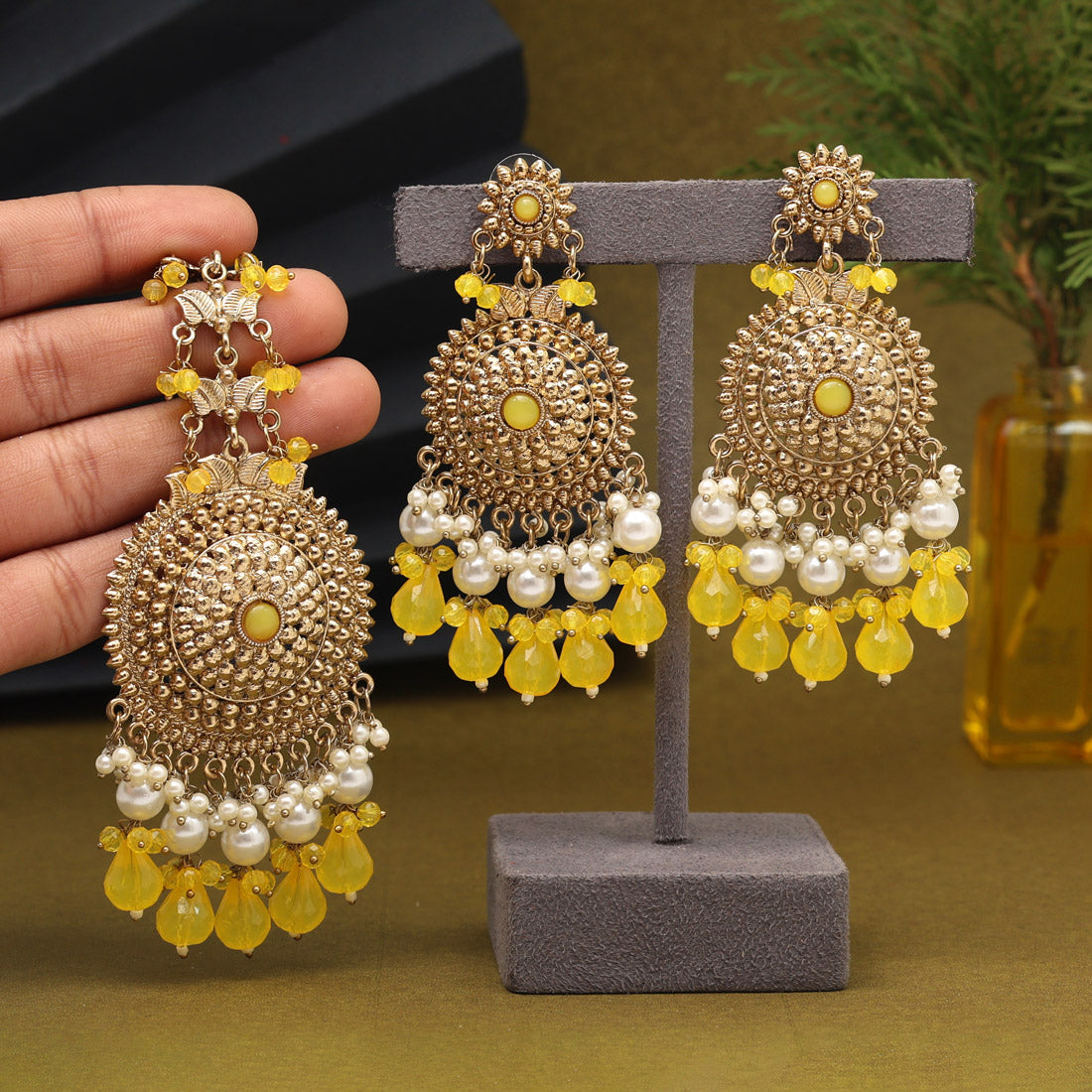 Yellow Color Earrings With Maang Tikka (MTKE469YLW) - preyans.com