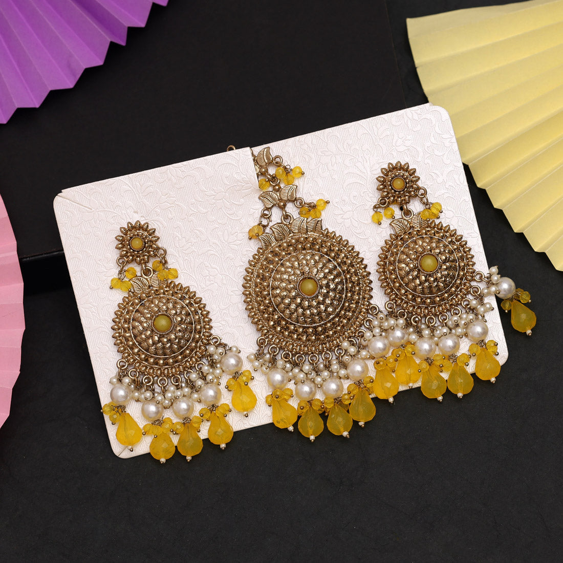 Yellow Color Earrings With Maang Tikka (MTKE469YLW) - preyans.com