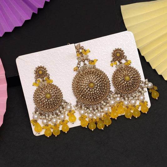 Yellow Color Earrings With Maang Tikka (MTKE469YLW) - preyans.com