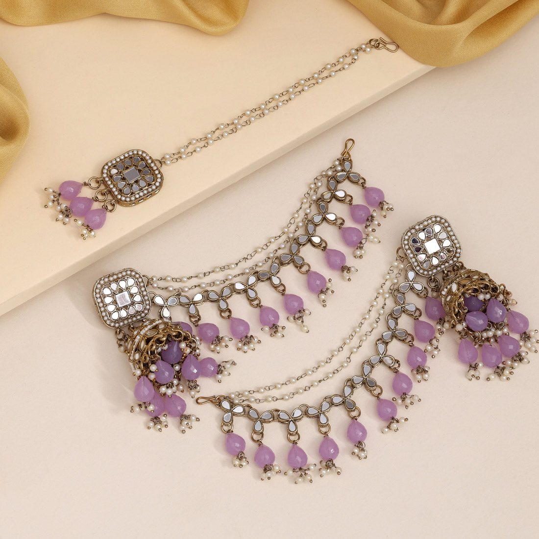 Light Purple Color Earrings With Maang Tikka (MTKE473LPRP) - preyans.com