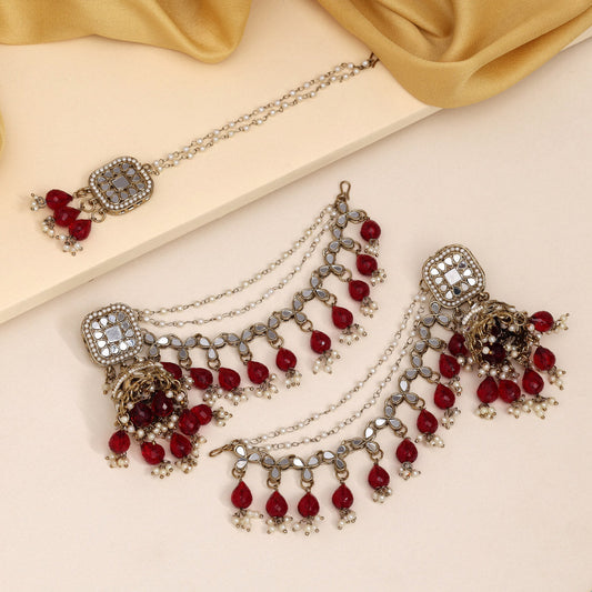 Maroon Color Earrings With Maang Tikka (MTKE473MRN) - preyans.com