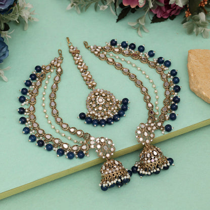 Navy Blue Color Earrings With Maang Tikka (MTKE474NBLU) - preyans.com