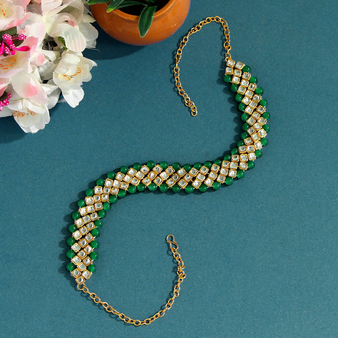 Green Color Kundan Hair Band/Chain Matha Patti (MTP310GRN) - preyans.com