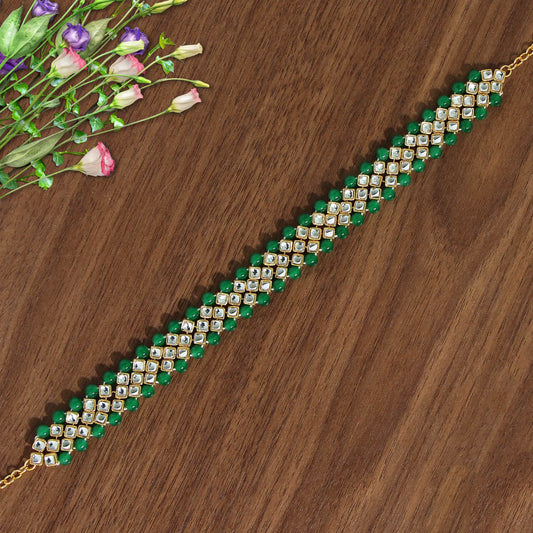 Green Color Kundan Hair Band/Chain Matha Patti (MTP310GRN) - preyans.com