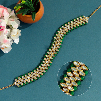 Green Color Kundan Hair Band/Chain Matha Patti (MTP317GRN) - preyans.com