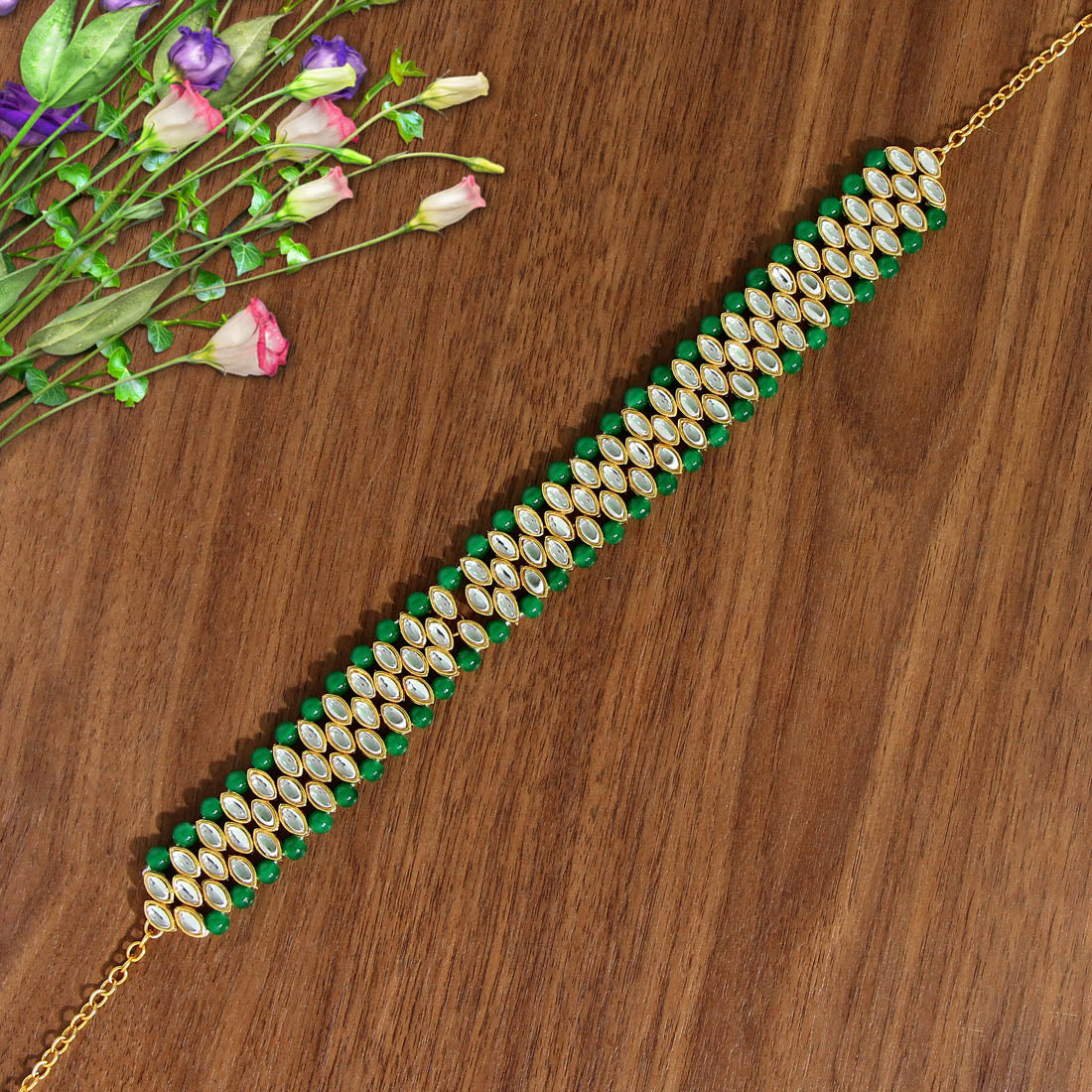 Green Color Kundan Hair Band/Chain Matha Patti (MTP317GRN) - preyans.com