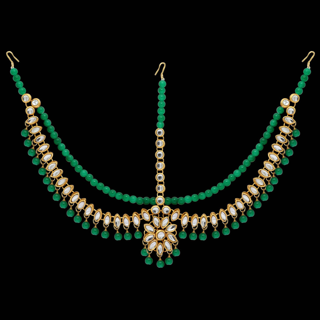 Green Color Imitation Pearl & Kundan Work Matha Patti (MTP38GRN) - preyans.com