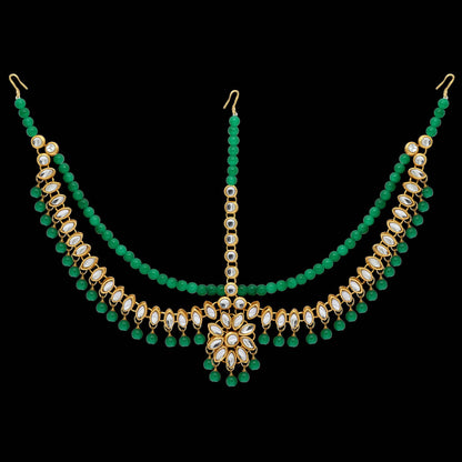 Green Color Imitation Pearl & Kundan Work Matha Patti (MTP38GRN) - preyans.com