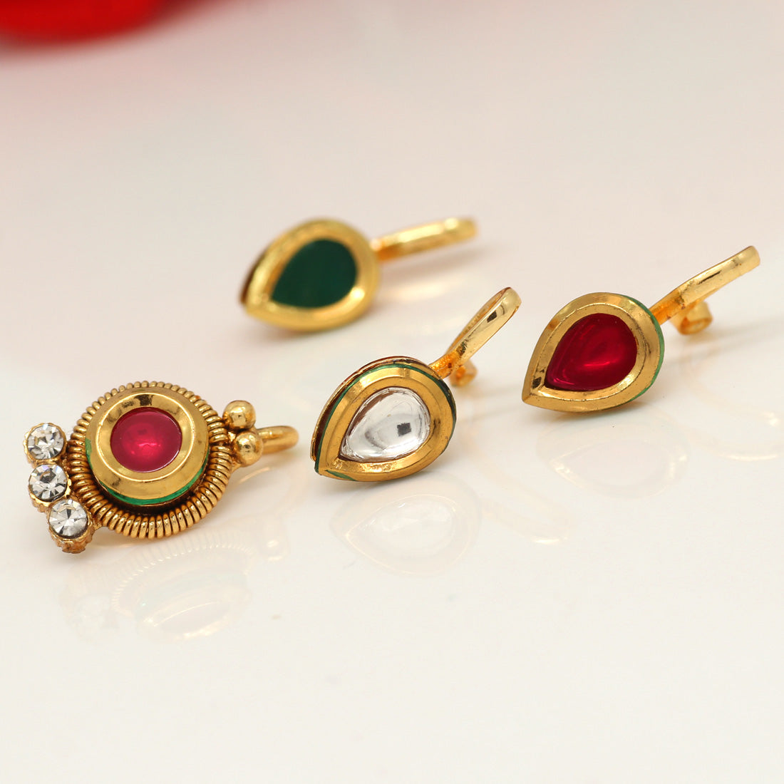 Multi Color Kundan Nose Pin Combo Of 4 Pieces (NSP180CMB) - preyans.com