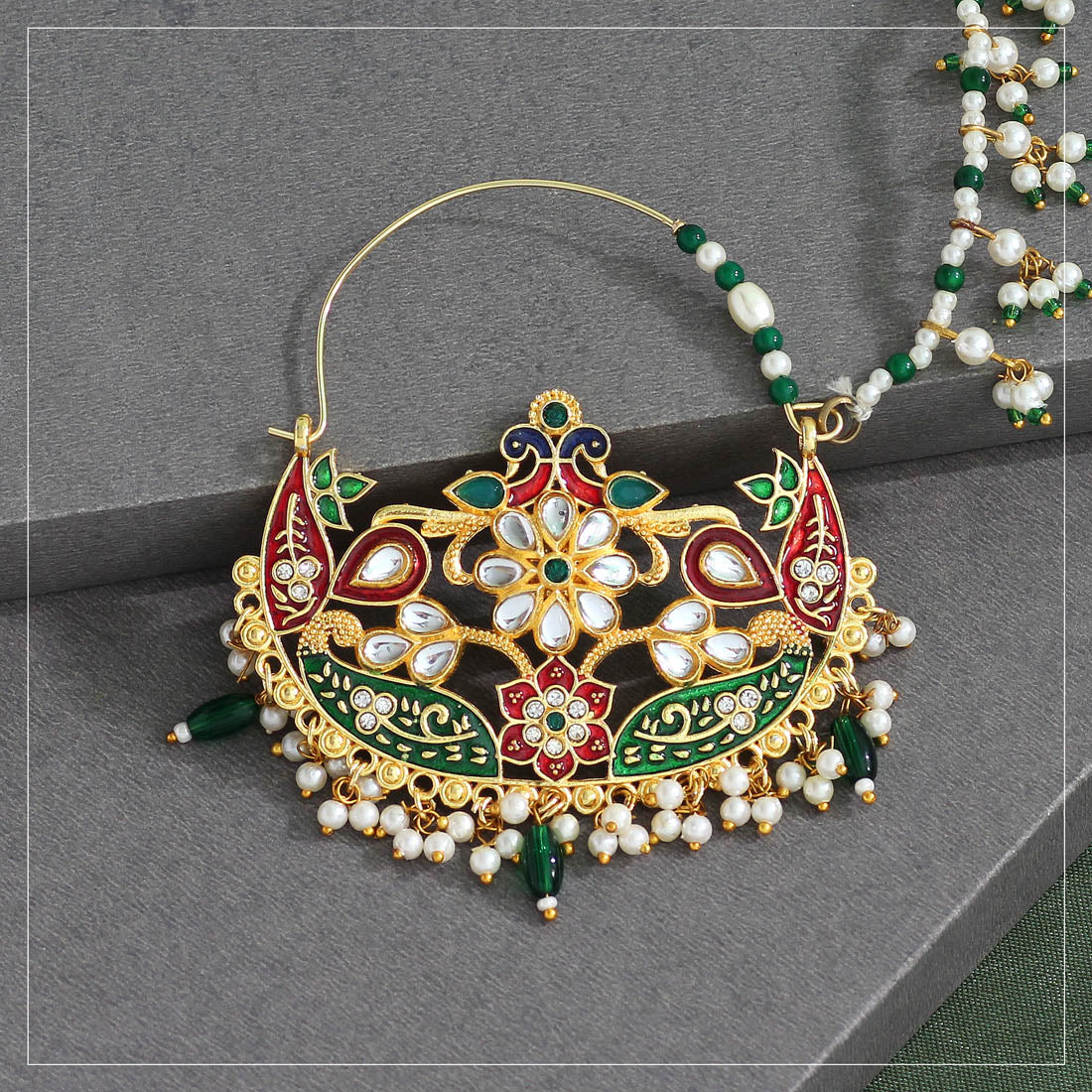 Green & Maroon Color Kundan & Beads Nose Nath (NTH303GM) - preyans.com