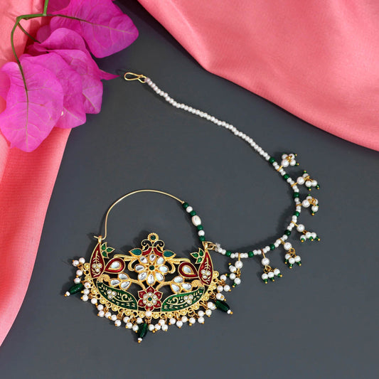 Green & Maroon Color Kundan & Beads Nose Nath (NTH303GM) - preyans.com