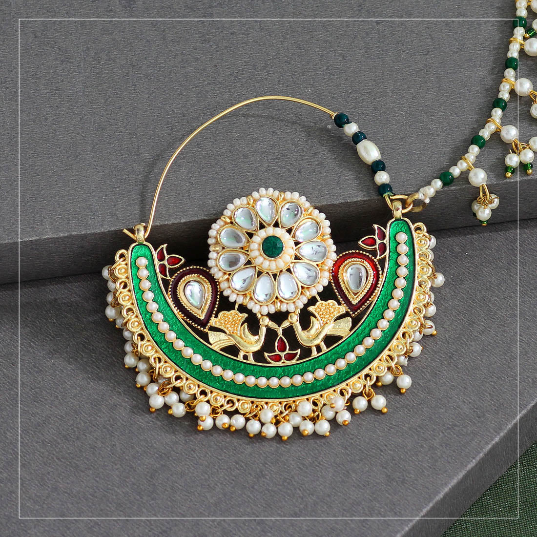 Green Color Kundan & Beads Nose Nath (NTH305GRN) - preyans.com