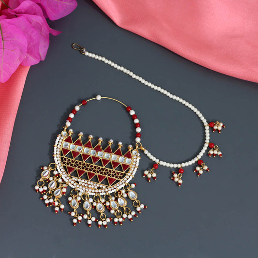 Maroon Color Kundan & Beads Nose Nath (NTH306MRN) - preyans.com