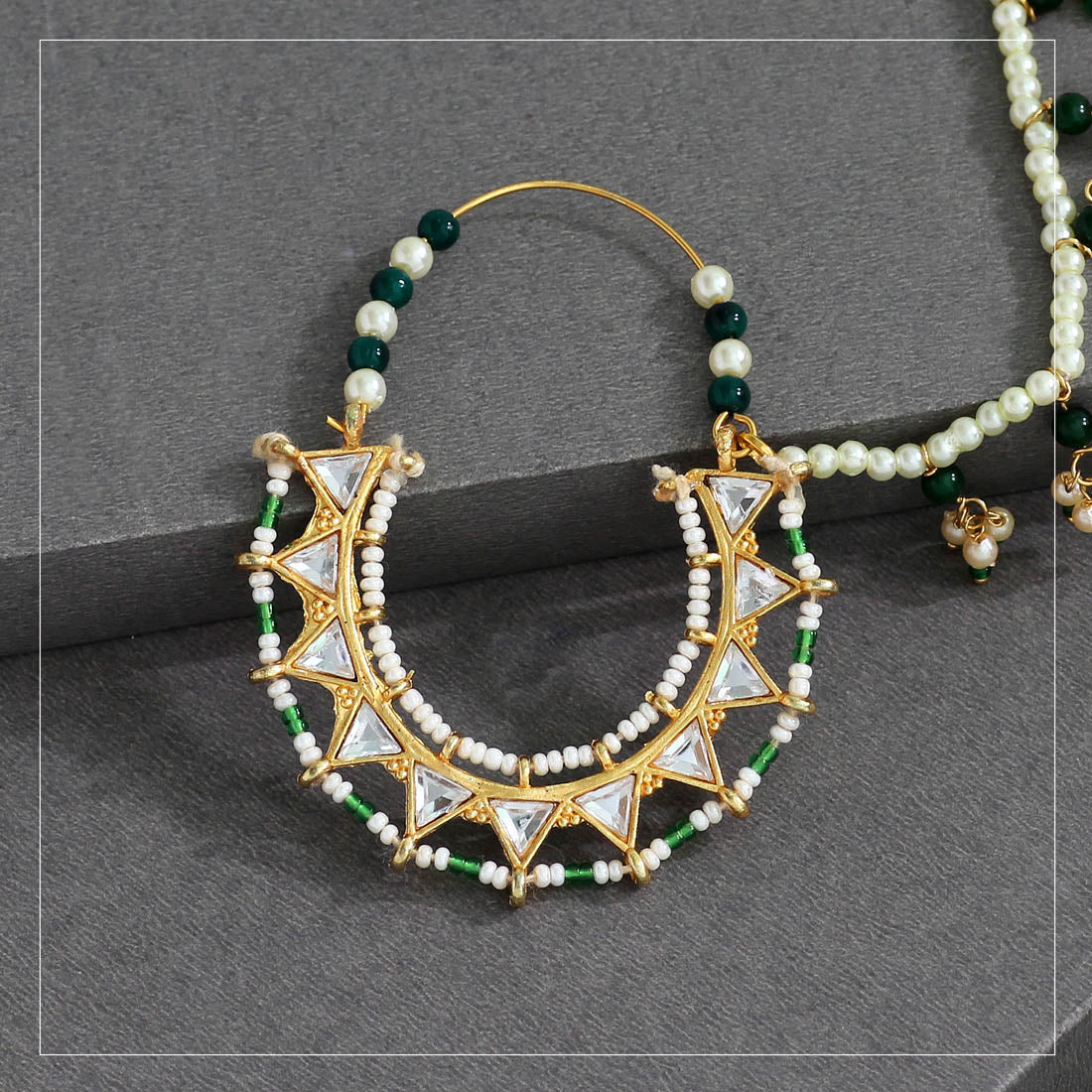 Green Color Glass Stone & Beads Nose Nath (NTH308GRN) - preyans.com