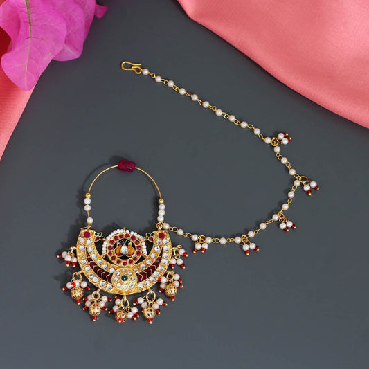 Maroon Color Kundan & Beads Meenakari Nose Nath (NTH313MRN) - preyans.com